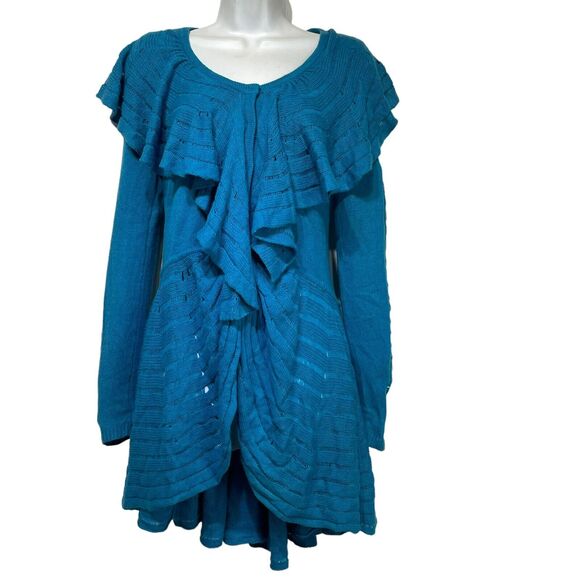 Anthropologie Leifnotes Womens S Ridged Cardigan Sweater Blue Long Sleeve Ruffle - Picture 2 of 7